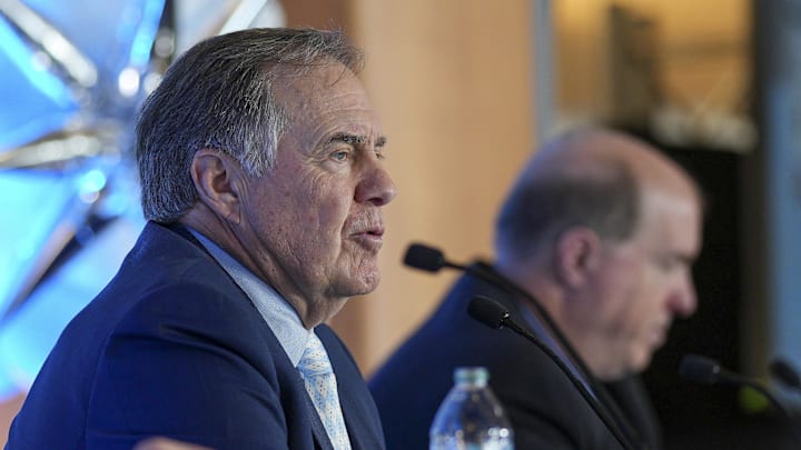 Dec 12, 2024; Chapel Hill, NC, USA;   North Carolina Tar Heels new head coach Bill Belichick speaks to the media at Loudermilk Center for Excellence. Mandatory Credit: Jim Dedmon-Imagn Images