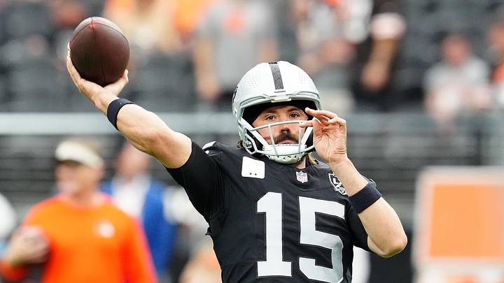 Sep 29, 2024; Paradise, Nevada, USA; Las Vegas Raiders quarterback Gardner Minshew (15) warms up before a game against the Cleveland Browns at Allegiant Stadium. Mandatory Credit: Stephen R. Sylvanie-Imagn Images