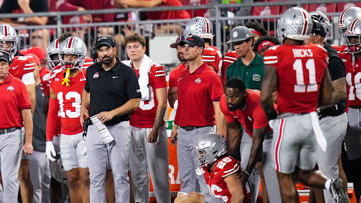 Ohio State Buckeyes head coach Ryan Day reacts in the second half at the Ohio Stadium on Saturday, Sept. 13, 2025 in Columbus, Ohio.