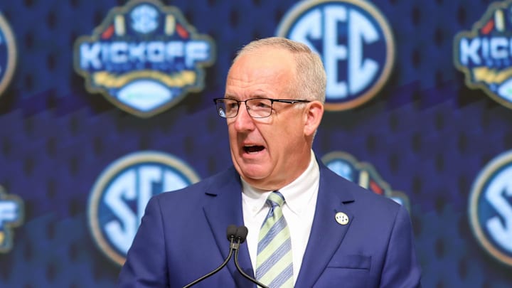 Jul 16, 2025; Atlanta, GA, USA; SEC commissioner Greg Sankey speaks to the media during the SEC Media Day at Omni Atlanta Hotel. Mandatory Credit: Jordan Godfree-Imagn Images