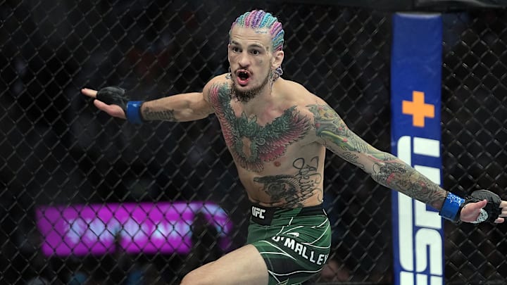 Dec 11, 2021; Las Vegas, Nevada, USA; Sean O'Malley reacts following his TKO victory against Raulian