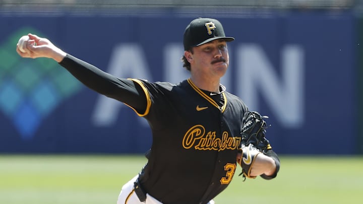 Pittsburgh Pirates starting pitcher Paul Skenes (30) delivers a pitch against the Chicago Cubs during the first inning at PNC Park on Aug 28.