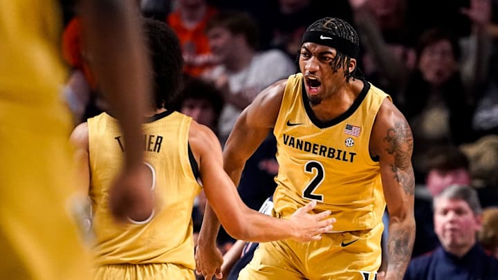Vanderbilt guard MJ Collins Jr. (2) celebrates a basket against Auburn during the first half at Memorial Gym in Nashville, Tenn., Tuesday, Feb. 11, 2025.