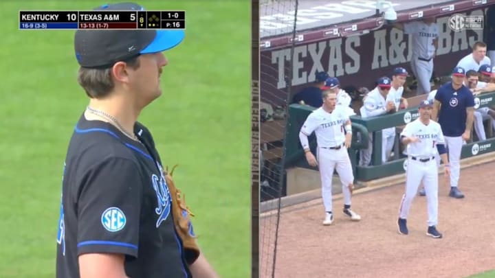 Kentucky pitcher waits for 4:30 to strike as Texas A&M coach gets mad. Kentucky pitcher waits for 4:30 to strike as Texas A&M coach gets mad.