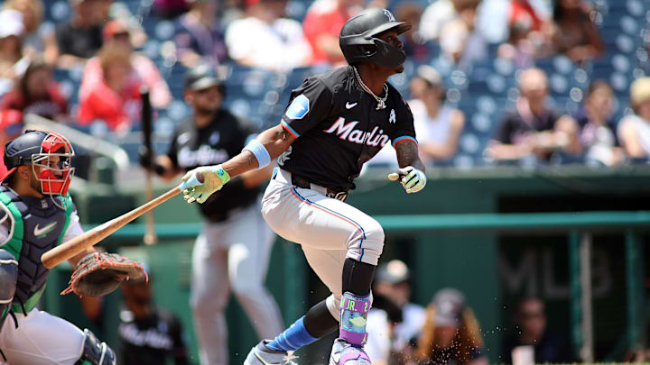 Jun 16, 2024; Washington, District of Columbia, USA; Miami Marlins outfielder Jazz Chisholm Jr. (2) singles during the first inning in a game against the Washington Nationals at Nationals Park. Mandatory Credit: Daniel Kucin Jr.-USA TODAY Sports