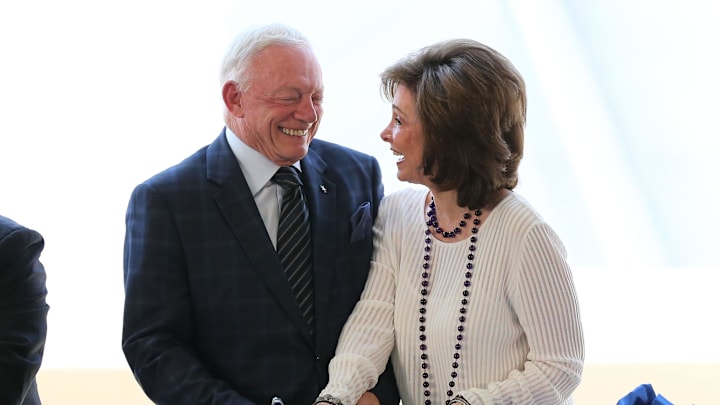 Dallas Cowboys owner Jerry Jones, with his wife Eugenia Jones, smile for the ribbon cutting for the Ford Center at The Star. Dallas Cowboys owner Jerry Jones, with his wife Eugenia Jones, smile for the ribbon cutting for the Ford Center at The Star.