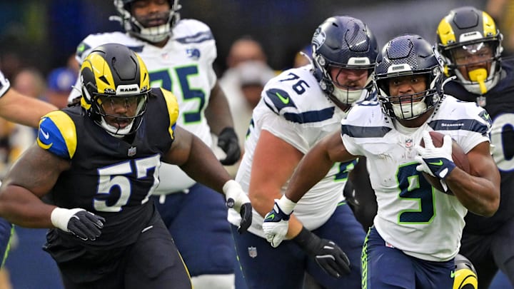 Nov 16, 2025; Inglewood, California, USA; Seattle Seahawks running back Kenneth Walker III (9) runs the ball against the Los Angeles Rams during the first half at SoFi Stadium. Mandatory Credit: Jayne Kamin-Oncea-Imagn Images