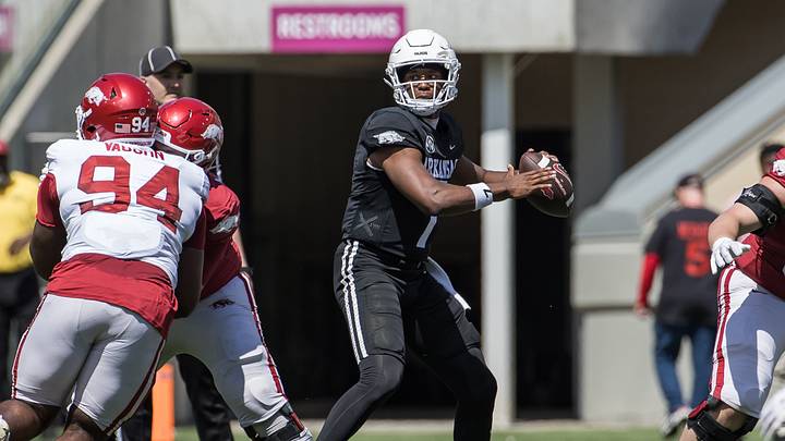Apr 25, 2026; Fayetteville, AR, USA; Arkansas Razorbacks quarterback KJ Jackson (7) gets ready to throw a pass during the spring game at Donald W. Reynolds Razorback Stadium. Mandatory Credit: Brett Rojo-Imagn Images Apr 25, 2026; Fayetteville, AR, USA; Arkansas Razorbacks quarterback KJ Jackson (7) gets ready to throw a pass during the spring game at Donald W. Reynolds Razorback Stadium. Mandatory Credit: Brett Rojo-Imagn Images
