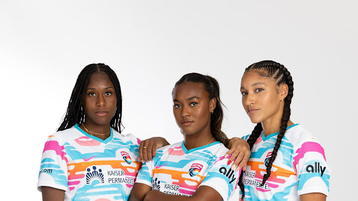 Feb 8, 2024; San Diego, CA, USA; Amirah Ali, Jaedyn Shaw and Elyse Bennett pose for a photo during