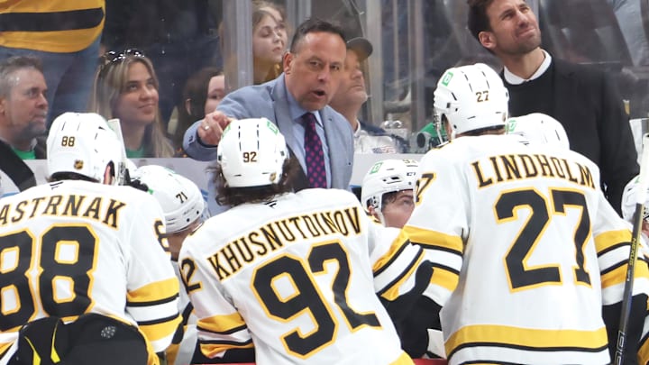 Mar 8, 2026; Pittsburgh, Pennsylvania, USA; Boston Bruins head coach Marco Sturm (middle) talks to his team against the Pittsburgh Penguins during the third period at PPG Paints Arena. Mandatory Credit: Charles LeClaire-Imagn Images Mar 8, 2026; Pittsburgh, Pennsylvania, USA; Boston Bruins head coach Marco Sturm (middle) talks to his team against the Pittsburgh Penguins during the third period at PPG Paints Arena. Mandatory Credit: Charles LeClaire-Imagn Images