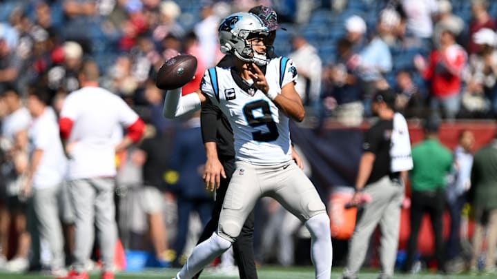 Sep 28, 2025; Foxborough, Massachusetts, USA; Carolina Panthers quarterback Bryce Young (9) throws the ball during warmups before a game against the New England Patriots at Gillette Stadium.