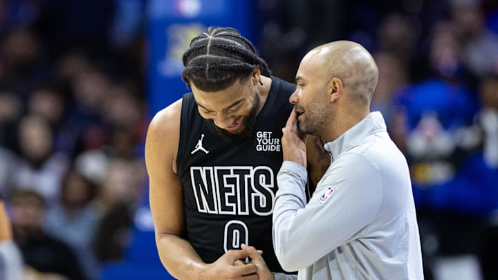 Feb 22, 2025; Philadelphia, Pennsylvania, USA; against the Brooklyn Nets head coach Jordi Fernandez talks with forward Trendon Watford (9) during the first quarter against the Philadelphia 76ers at Wells Fargo Center. Mandatory Credit: Bill Streicher-Imagn Images Feb 22, 2025; Philadelphia, Pennsylvania, USA; against the Brooklyn Nets head coach Jordi Fernandez talks with forward Trendon Watford (9) during the first quarter against the Philadelphia 76ers at Wells Fargo Center. Mandatory Credit: Bill Streicher-Imagn Images
