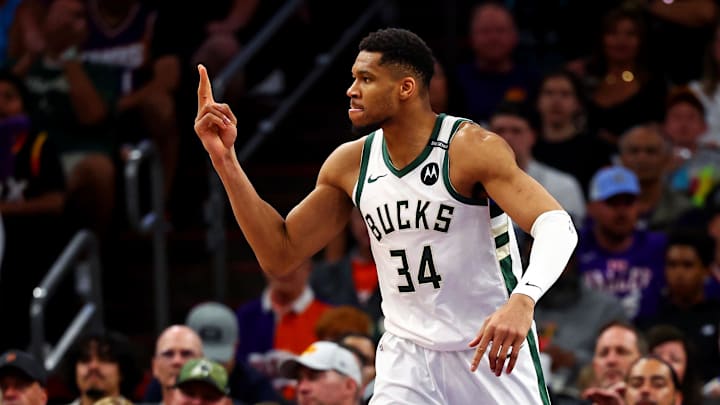 Mar 24, 2025; Phoenix, Arizona, USA; Milwaukee Bucks forward Giannis Antetokounmpo (34) reacts after a play during the second quarter against the Phoenix Suns at Footprint Center. Mandatory Credit: Mark J. Rebilas-Imagn Images