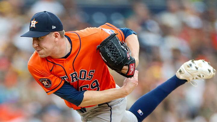 Aug 9, 2026; San Diego, California, USA; Houston Astros relief pitcher AJ Blubaugh (69) throws a pitch during the sixth inning against the San Diego Padres at Petco Park. Mandatory Credit: David Frerker-Imagn Images
