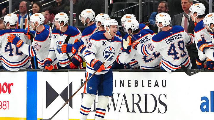 Mar 26, 2026; Las Vegas, Nevada, USA; Edmonton Oilers left wing Zach Hyman (18) celebrates after scoring a goal against the Vegas Golden Knights during the second period at T-Mobile Arena. Mandatory Credit: Stephen R. Sylvanie-Imagn Images