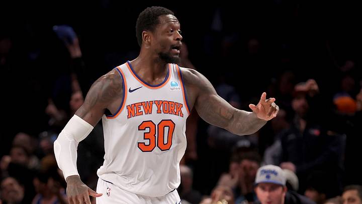 Jan 23, 2024; Brooklyn, New York, USA; New York Knicks forward Julius Randle (30) celebrates his three point shot against the Brooklyn Nets during the fourth quarter at Barclays Center. Mandatory Credit: Brad Penner-USA TODAY Sports
