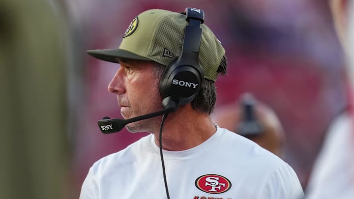 Nov 9, 2025; Santa Clara, California, USA; San Francisco 49ers head coach Kyle Shanahan looks on during the fourth quarter against the Los Angeles Rams at Levi's Stadium. Mandatory Credit: Cary Edmondson-Imagn Images