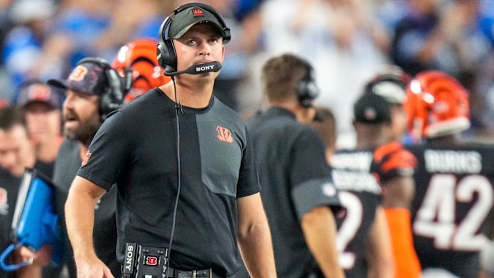 Cincinnati Bengals head coach Zac Taylor watches the video board after Jake Browning is sacked for a safety in the fourth quarter of the NFL Week 5 game between the Cincinnati Bengals and the Detroit Lions at Paycor Stadium in downtown Cincinnati on Sunday, Oct. 5, 2025. The Bengals continued a losing streak, falling 37-24 to the Lions.