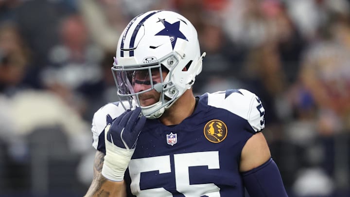 Nov 27, 2025; Arlington, Texas, USA; Dallas Cowboys linebacker Logan Wilson (55) warms up prior to the game against the Kansas City Chiefs at AT&T Stadium.