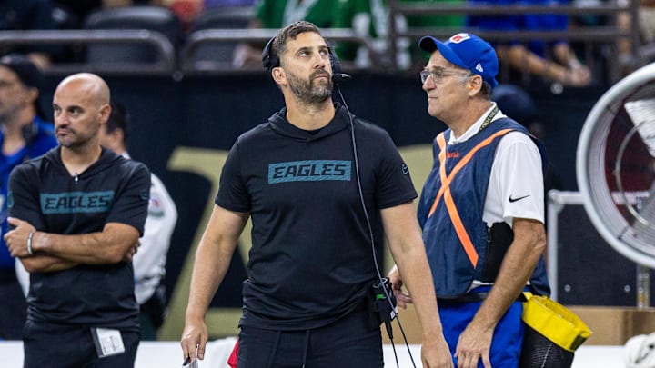 Sep 22, 2024; New Orleans, Louisiana, USA; Philadelphia Eagles head coach Nick Sirianni looks on against the New Orleans Saints during the first half at Caesars Superdome. Mandatory Credit: Stephen Lew-Imagn Images Sep 22, 2024; New Orleans, Louisiana, USA; Philadelphia Eagles head coach Nick Sirianni looks on against the New Orleans Saints during the first half at Caesars Superdome. Mandatory Credit: Stephen Lew-Imagn Images