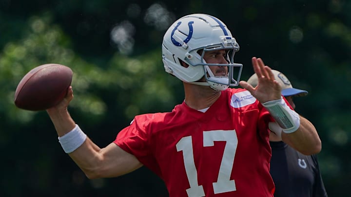 Indianapolis Colts quarterback Daniel Jones (17) throws the ball Tuesday, June 10, 2025, during NFL Colts mandatory mini camp at the Indiana Farm Bureau Football Center in Indianapolis.