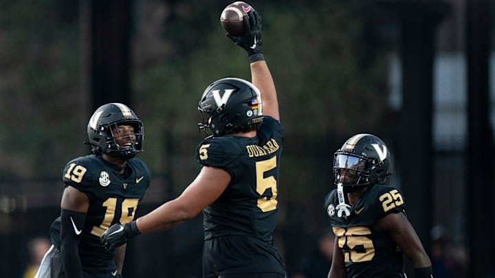 Vanderbilt Commodores defensive lineman Yilanan Ouattara (5) comes up with an Alabama fumble in the second half of their game at Vanderbilt Stadium in Nashville, Tenn., Saturday, Oct. 5, 2024.