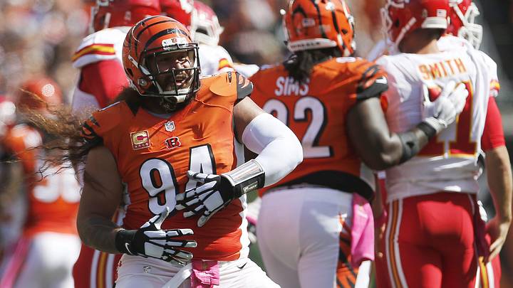 Bengals defensive tackle Domata Peko (94) celebrates after sacking Kansas City Chiefs quarterback Alex Smith (11) in the second quarter on Oct. 4, 2015, at Paul Brown Stadium.