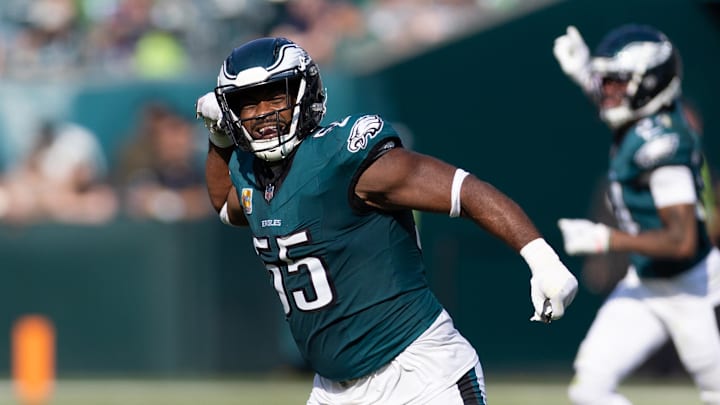 Oct 13, 2024; Philadelphia, Pennsylvania, USA; Philadelphia Eagles defensive end Brandon Graham (55) reacts after a Cleveland Browns blocked field attempt during the third quarter at Lincoln Financial Field. Mandatory Credit: Bill Streicher-Imagn Images