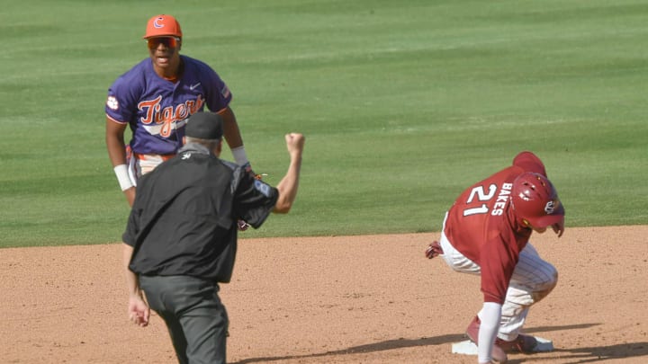 Clemson sophomore Jarren Purify (23) celebrates a double play against South Carolina to get out of the inning, during the bottom of the seventh inning of the Reedy River Rivalry at Fluor Field in Greenville, S.C. Saturday, March 1, 2025.