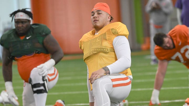 Clemson offensive lineman Tristan Leigh (71) during the football practice at the Allen N. Reeves Football Complex at Clemson University in Clemson, S.C. Wednesday, March 5, 2025.