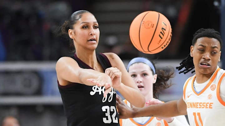 Mar 5, 2025; Greenville, South Carolina, USA; Texas A&M forward Lauren Ware (32) passes near Tennessee forward Zee Spearman (11) during the first quarter of the Southeastern Conference Women's Basketball Tournament at Bon Secours Wellness Arena. Mandatory Credit: Ken Ruinard/USA TODAY NETWORK via Imagn Images Mar 5, 2025; Greenville, South Carolina, USA; Texas A&M forward Lauren Ware (32) passes near Tennessee forward Zee Spearman (11) during the first quarter of the Southeastern Conference Women's Basketball Tournament at Bon Secours Wellness Arena. Mandatory Credit: Ken Ruinard/USA TODAY NETWORK via Imagn Images