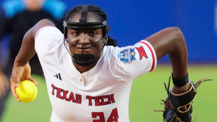 Texas Tech starting pitcher NiJaree Canady (24) in Game 2 of the Women's College World Series championship series between the Texas Longhorns at Texas Tech Red Raiders at Devon Park in Oklahoma City, Thursday, June 5, 2025. Texas Tech won 4-3.