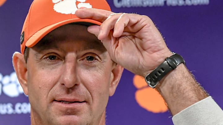 Clemson head coach Dabo Swinney talks with media before during the first football practice at the Allen N. Reeves Football Complex at Clemson University in Clemson, S.C. Friday, February 28, 2025.