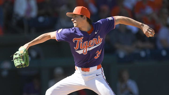 Clemson junior Ethan Darden (39) pitches to South Carolina during the bottom of the first inning of the Reedy River Rivalry at Fluor Field in Greenville, S.C. Saturday, March 1, 2025.