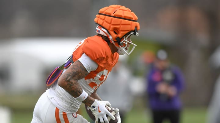 Clemson receiver Tristan Smith (80) runs after a catch during the football practice at the Allen N. Reeves Football Complex at Clemson University in Clemson, S.C. Wednesday, March 5, 2025.