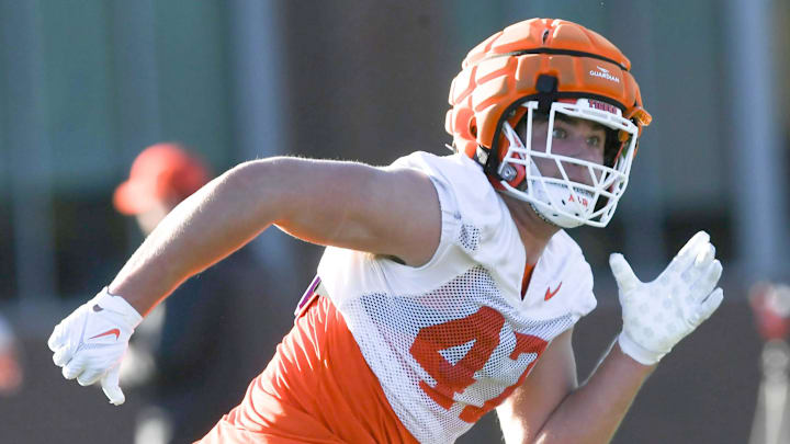 Clemson linebacker Sammy Brown (47) during the first football practice at the Allen N. Reeves Football Complex at Clemson University in Clemson, S.C. Friday, February 28, 2025.