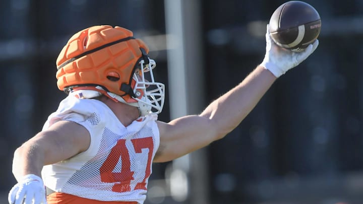 Clemson linebacker Sammy Brown (47) catches a ball in a drill during the first football practice at the Allen N. Reeves Football Complex at Clemson University in Clemson, S.C. Friday, February 28, 2025. Clemson linebacker Sammy Brown (47) catches a ball in a drill during the first football practice at the Allen N. Reeves Football Complex at Clemson University in Clemson, S.C. Friday, February 28, 2025.
