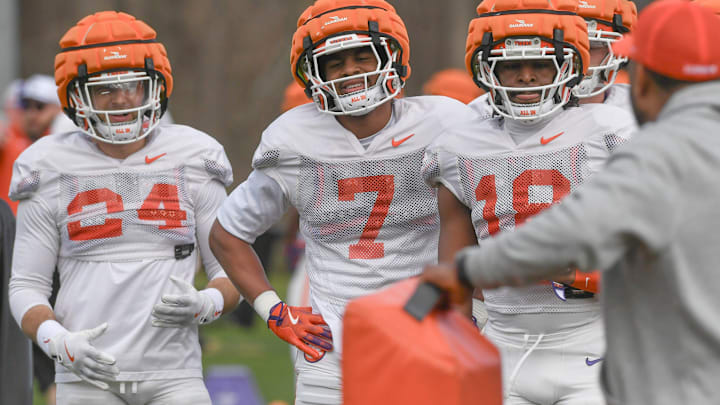 Clemson safety Khalil Barnes (7) is out today with an injury. He will continue to come back from a lingering injury. 