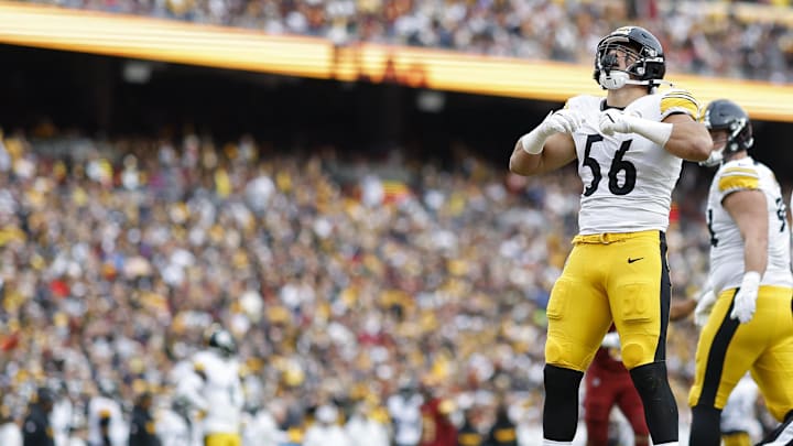 Nov 10, 2024; Landover, Maryland, USA; Pittsburgh Steelers linebacker Alex Highsmith (56) celebrates after a sack against the Washington Commanders during the first half at Northwest Stadium. Mandatory Credit: Geoff Burke-Imagn Images