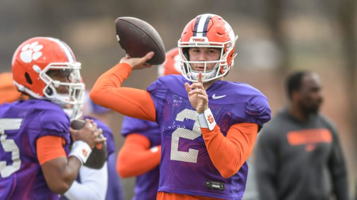 Clemson quarterback Cade Klubnik (2) passes during the football practice at the Allen N. Reeves Football Complex at Clemson University in Clemson, S.C. Wednesday, March 5, 2025.