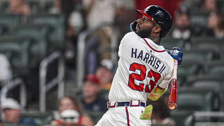 Atlanta Braves center fielder Michael Harris II (23) hits a home run against the Washington Nationals during the seventh inning at Truist Park. 