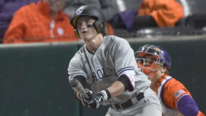 South Carolina sophomore Nolan Nawrocki (8) bats against Clemson during the top of the third inning at Doug Kingsmore Stadium in Clemson, S.C. Friday, February 28, 2025.