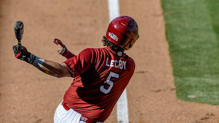 Mar 1, 2025; Greenville, South Carolina, USA; South Carolina Gamecocks Talmadge LeCroy (5) bats against the Clemson Tigers during the bottom of the sixth inning at Fluor Field. Mandatory Credit: Ken Ruinard/USA Today Network via Imagn Images