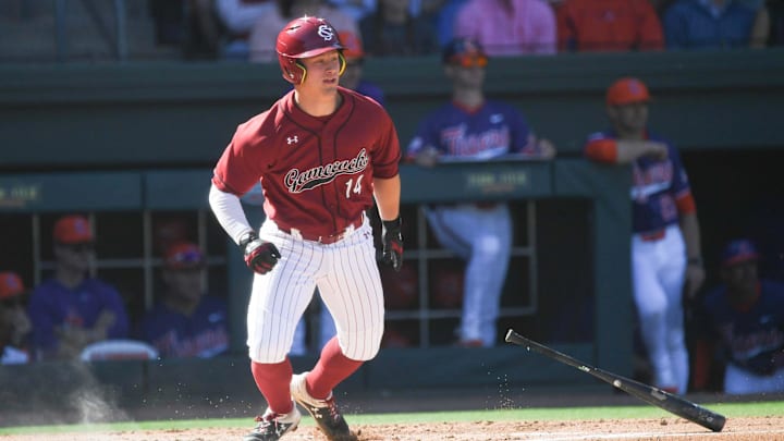South Carolina junior Max Kaufer (14) bats against South Carolina during the bottom of the first inning of the Reedy River Rivalry at Fluor Field in Greenville, S.C. Saturday, March 1, 2025. South Carolina junior Max Kaufer (14) bats against South Carolina during the bottom of the first inning of the Reedy River Rivalry at Fluor Field in Greenville, S.C. Saturday, March 1, 2025.