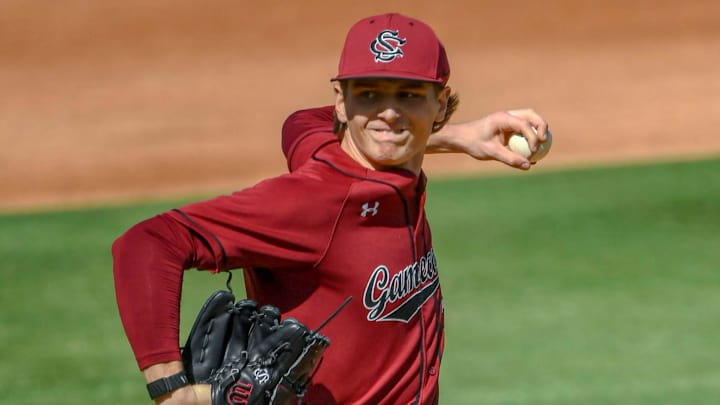 South Carolina sophomore Jake McCoy (23) pitches to Clemson during the top of the first inning of the Reedy River Rivalry at Fluor Field in Greenville, S.C. Saturday, March 1, 2025. South Carolina sophomore Jake McCoy (23) pitches to Clemson during the top of the first inning of the Reedy River Rivalry at Fluor Field in Greenville, S.C. Saturday, March 1, 2025.