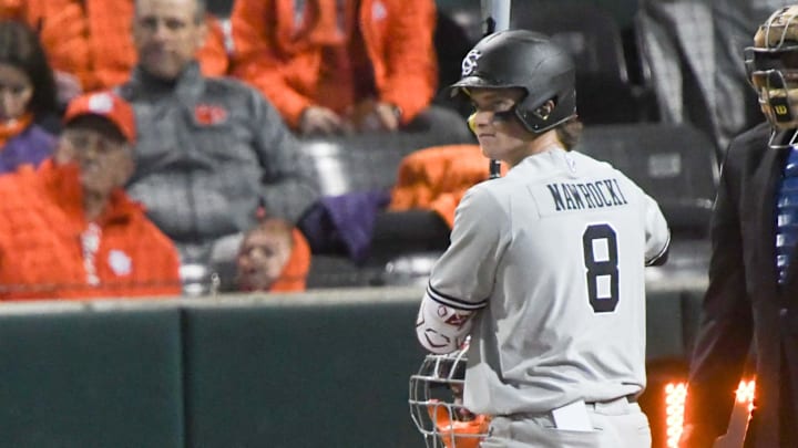 South Carolina sophomore Nolan Nawrocki (8) bats against Clemson during the top of the third inning at Doug Kingsmore Stadium in Clemson, S.C. Friday, February 28, 2025. South Carolina sophomore Nolan Nawrocki (8) bats against Clemson during the top of the third inning at Doug Kingsmore Stadium in Clemson, S.C. Friday, February 28, 2025.