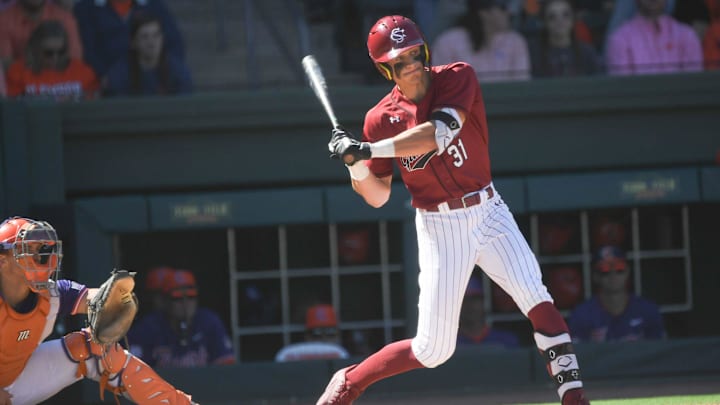 Mar 1, 2025; Greenville, South Carolina, USA; South Carolina Gamecocks center fielder Nathan Hall (31) bats against the Clemson Tigers during the bottom of the first inning at Fluor Field. Mandatory Credit: Ken Ruinard/USA Today Network via Imagn Images