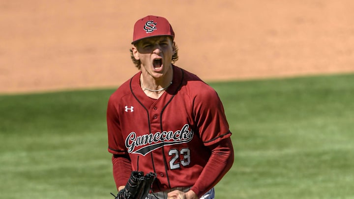 South Carolina sophomore Jake McCoy (23) reacts after striking out Clemson sophomore Collin Priest (99) during the top of the fourth inning of the Reedy River Rivalry at Fluor Field in Greenville, S.C. Saturday, March 1, 2025.
