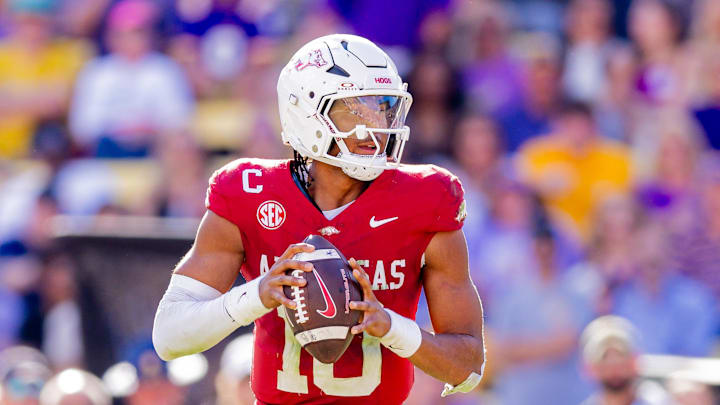 Nov 15, 2025; Baton Rouge, Louisiana, USA;  Arkansas Razorbacks quarterback Taylen Green (10) looks to pass the ball against the LSU Tigers during the second half at Tiger Stadium. Mandatory Credit: Stephen Lew-Imagn Images