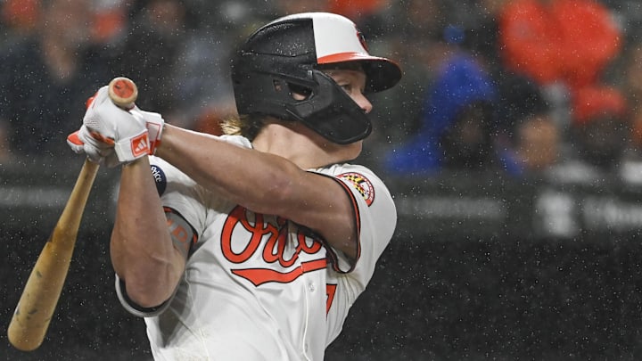 Sep 18, 2024; Baltimore, Maryland, USA; Baltimore Orioles second base Jackson Holliday (7) swings through a third inning single against the San Francisco Giants at Oriole Park at Camden Yards. Mandatory Credit: Tommy Gilligan-Imagn Images Sep 18, 2024; Baltimore, Maryland, USA; Baltimore Orioles second base Jackson Holliday (7) swings through a third inning single against the San Francisco Giants at Oriole Park at Camden Yards. Mandatory Credit: Tommy Gilligan-Imagn Images